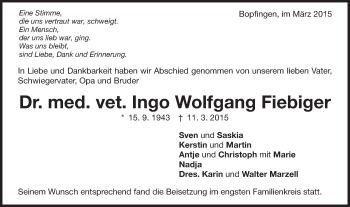 Traueranzeige von Ingo Wolfgang Fiebiger von Schwäbische Post