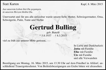 Traueranzeige von Getrud Bulling von Gmünder Tagespost