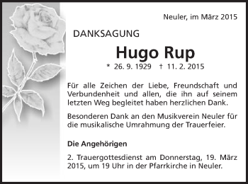 Traueranzeige von Hugo Rup von Schwäbische Post