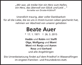 Traueranzeige von Beate Auer von Schwäbische Post