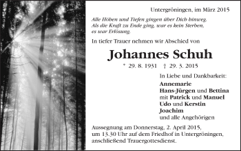 Traueranzeige von Johannes Schuh von Schwäbische Post