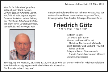 Traueranzeige von Friedrich Götz von Schwäbische Post