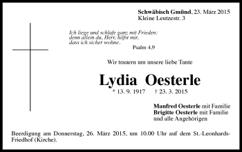Traueranzeige von Lydia Oesterle von Gmünder Tagespost
