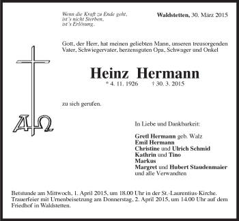 Traueranzeige von Heinz Hermann von Gmünder Tagespost