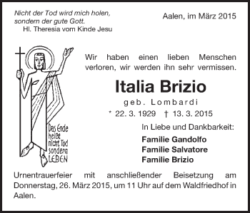 Traueranzeige von Italia Brizio von Schwäbische Post