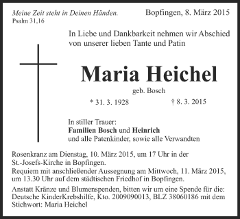 Traueranzeige von Maria Heichel von Schwäbische Post