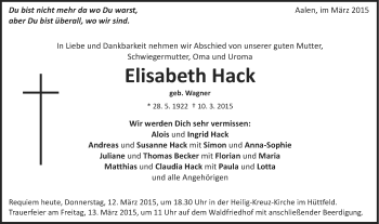 Traueranzeige von Elisabeth Hack von Schwäbische Post