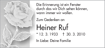 Traueranzeige von Heiner Ruf von Schwäbische Post