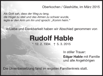 Traueranzeige von Rudolf Hable von Schwäbische Post