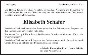 Traueranzeige von Elisabeth Schäfer von Gmünder Tagespost