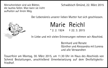Traueranzeige von Marie Reichl von Gmünder Tagespost