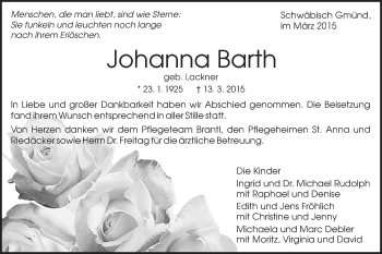 Traueranzeige von Johanna Barth von Gmünder Tagespost