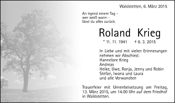 Traueranzeige von Roland Krieg von Gmünder Tagespost