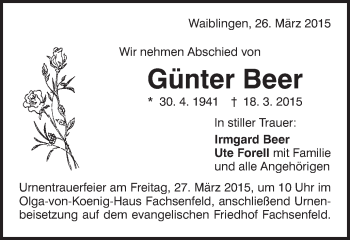 Traueranzeige von Günter Beer von Schwäbische Post