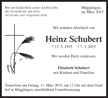 Traueranzeige von Heinz Schubert von Gmünder Tagespost