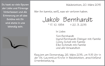 Traueranzeige von Jakob Bernhardt von Gmünder Tagespost