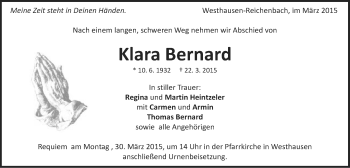 Traueranzeige von Klara Bernard von Schwäbische Post
