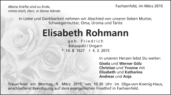 Traueranzeige von Elisabeth Rohmann von Schwäbische Post