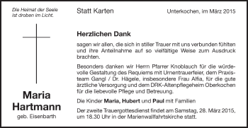 Traueranzeige von Maria Hartmann von Schwäbische Post
