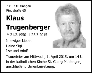 Traueranzeige von Klaus Trugenberger von Gmünder Tagespost