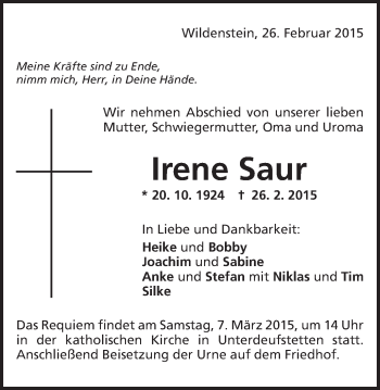 Traueranzeige von Irene Saur von Schwäbische Post