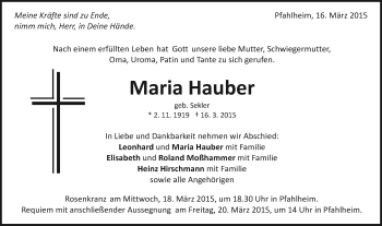 Traueranzeige von Maria Hauber von Schwäbische Post