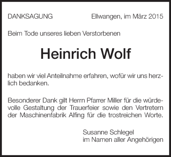 Traueranzeige von Heinrich Wolf von Schwäbische Post