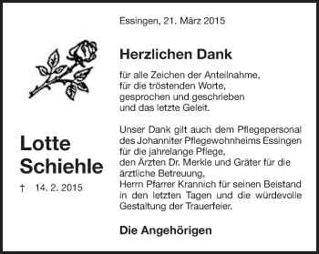 Traueranzeige von Lotte Schiehle von Schwäbische Post