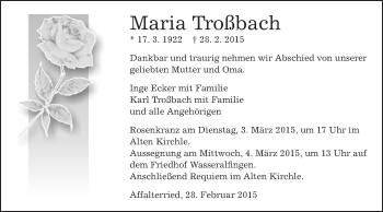 Traueranzeige von Maria Troßbach von Schwäbische Post