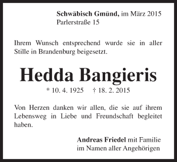 Traueranzeige von Hedda Bangieris von Gmünder Tagespost