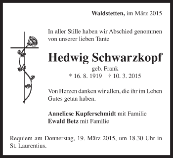 Traueranzeige von Hedwig Schwarzkopf von Gmünder Tagespost