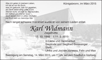 Traueranzeige von Karl Widmann von Schwäbische Post