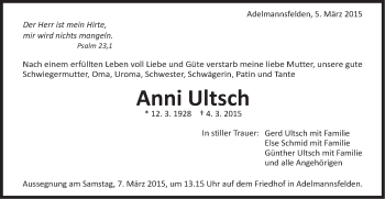 Traueranzeige von Anni Ultsch von Schwäbische Post