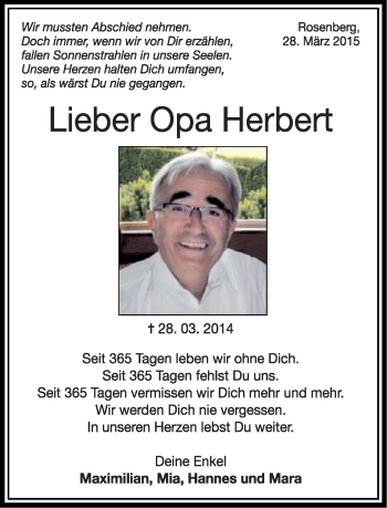 Traueranzeige von Opa Herbert von Schwäbische Post