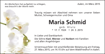 Traueranzeige von Maria Schmid von Schwäbische Post