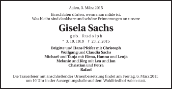 Traueranzeige von Gisela Sachs von Schwäbische Post