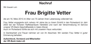 Traueranzeige von Brigitte Vetter von Schwäbische Post