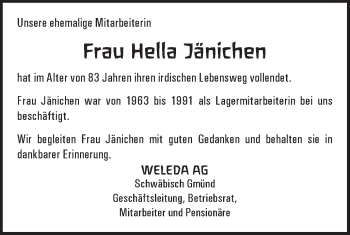 Traueranzeige von Hella Jänichen von Gmünder Tagespost