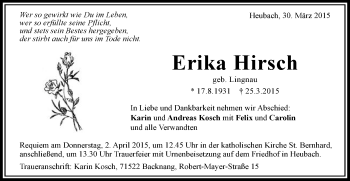 Traueranzeige von Erika Hirsch von Gmünder Tagespost