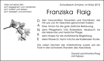 Traueranzeige von Franziska Flaig von Gmünder Tagespost