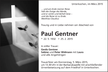 Traueranzeige von Paul Gentner von Schwäbische Post