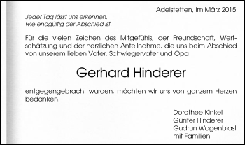 Traueranzeige von Gerhard Hinderer von Gmünder Tagespost