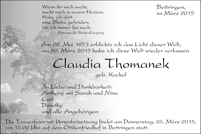 Traueranzeige für Claudia Thomanek vom 24.03.2015 aus Gmünder Tagespost