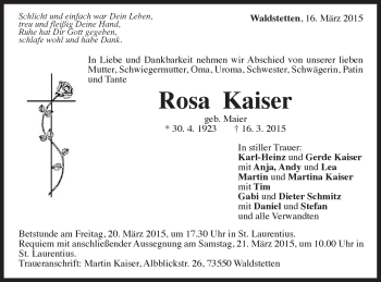 Traueranzeige von Rosa Kaiser von Gmünder Tagespost