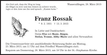 Traueranzeige von Franz Rossak von Schwäbische Post