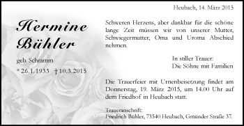 Traueranzeige von Hermine Bühler von Gmünder Tagespost
