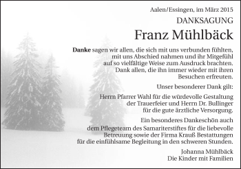 Traueranzeige von Franz Mühlbäck von Schwäbische Post