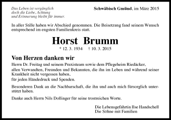 Traueranzeige von Horst Brumm von Gmünder Tagespost