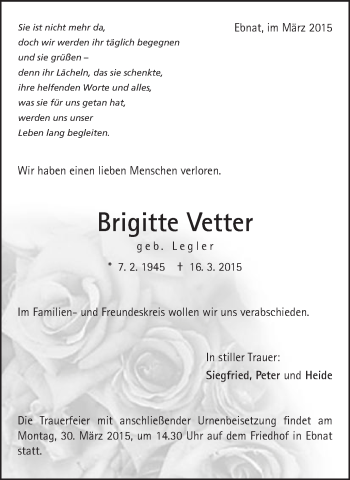 Traueranzeige von Brigitte Vetter von Schwäbische Post