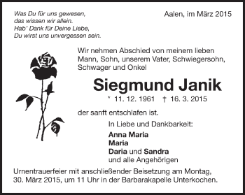 Traueranzeige von Siegmund Janik von Schwäbische Post